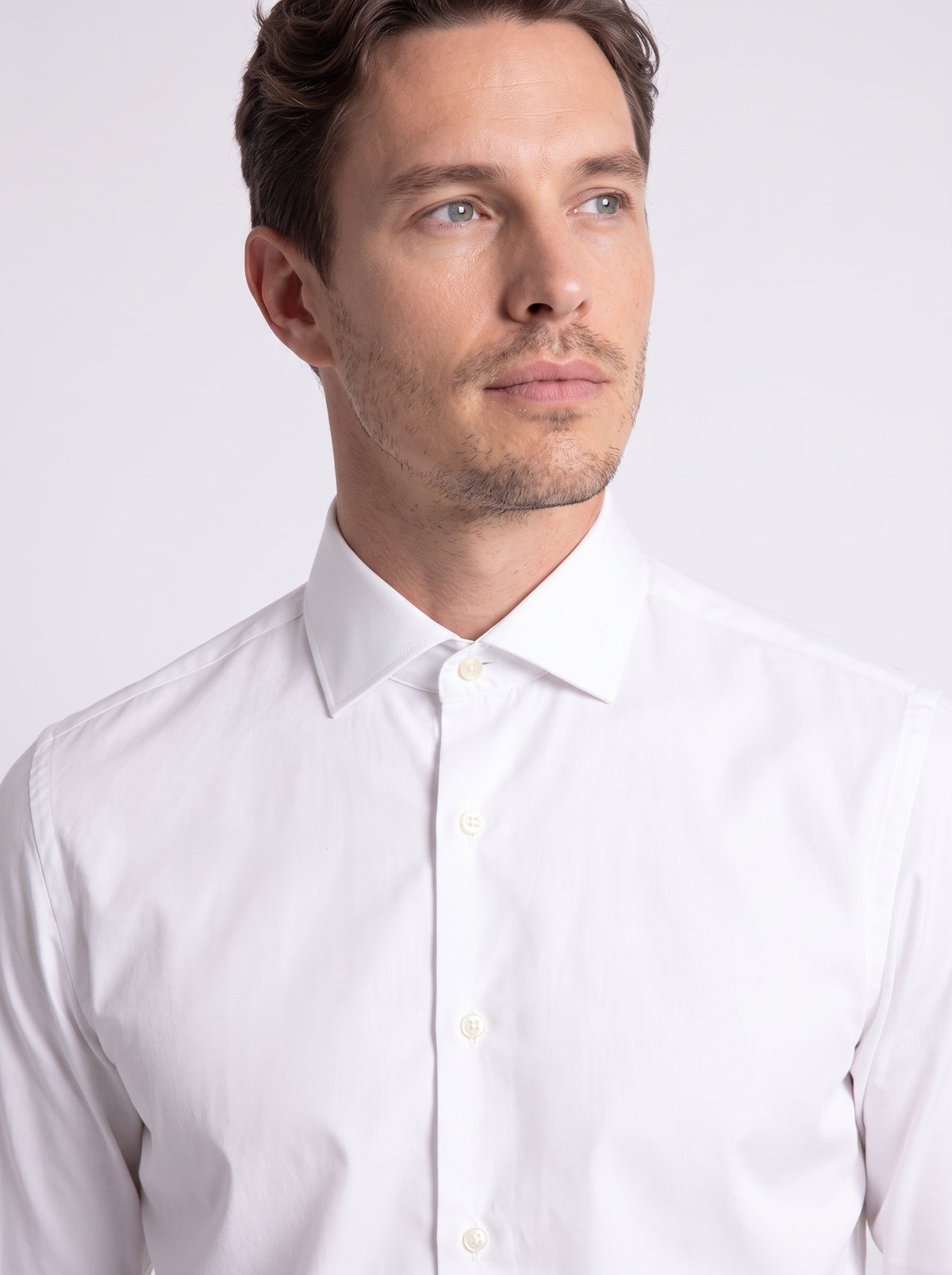 Camicia in twill di cotone filato compact collo francese bianca vestibilità confort