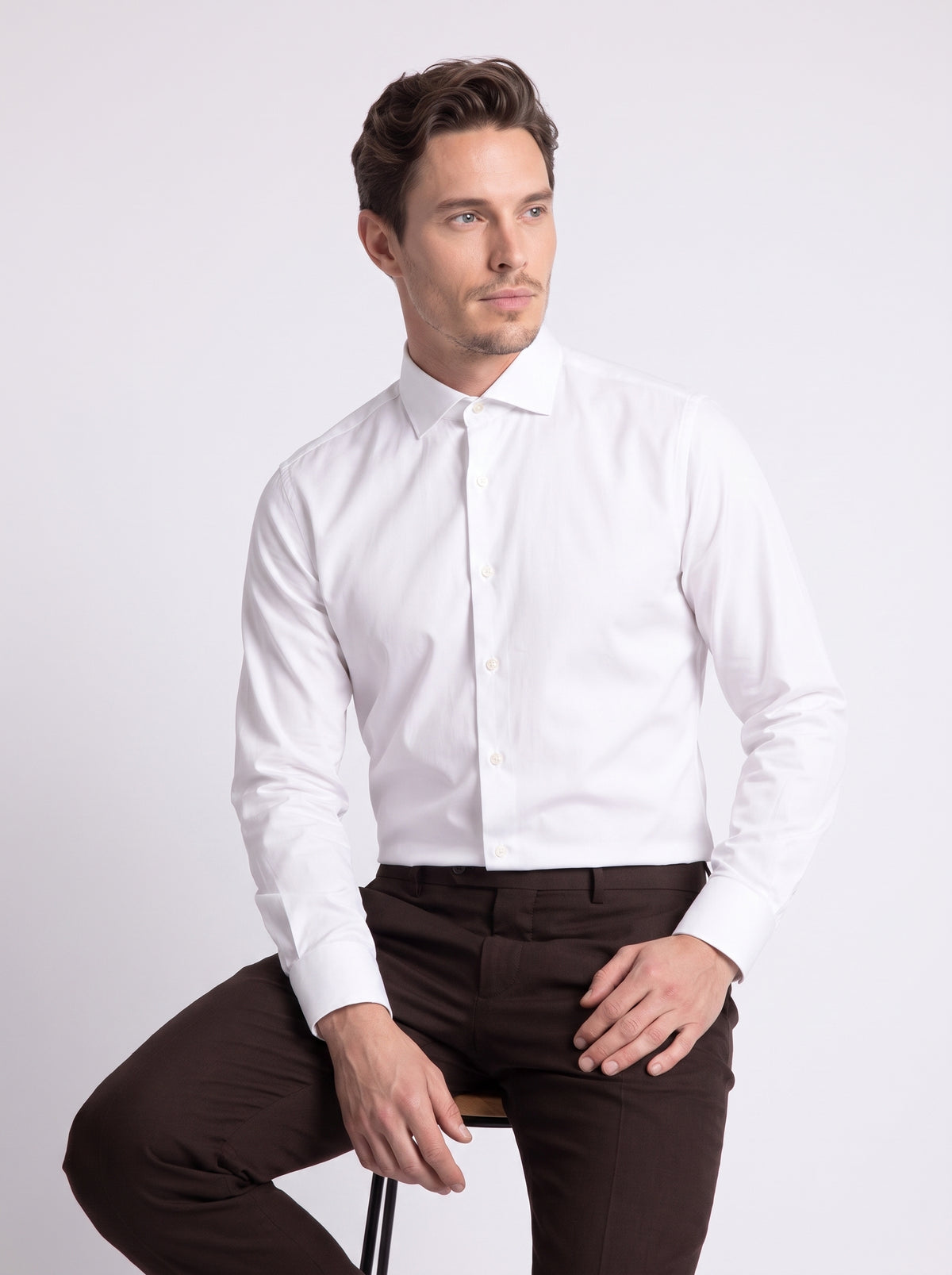 Camicia in twill di cotone filato compact collo francese bianca vestibilità confort