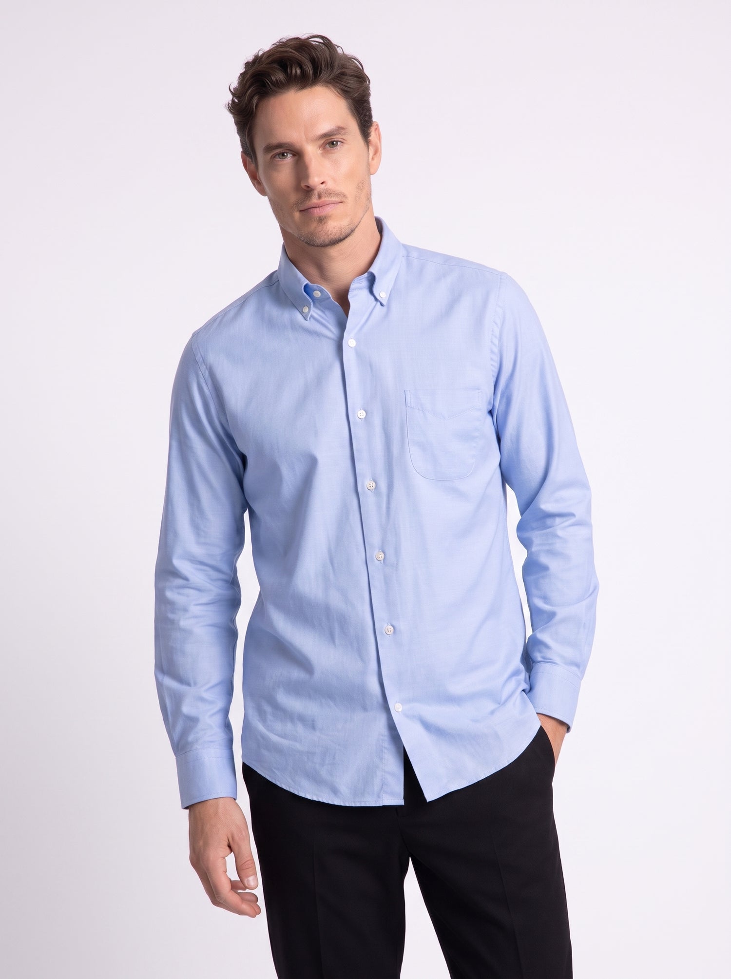 Plain light blue button-down shirt