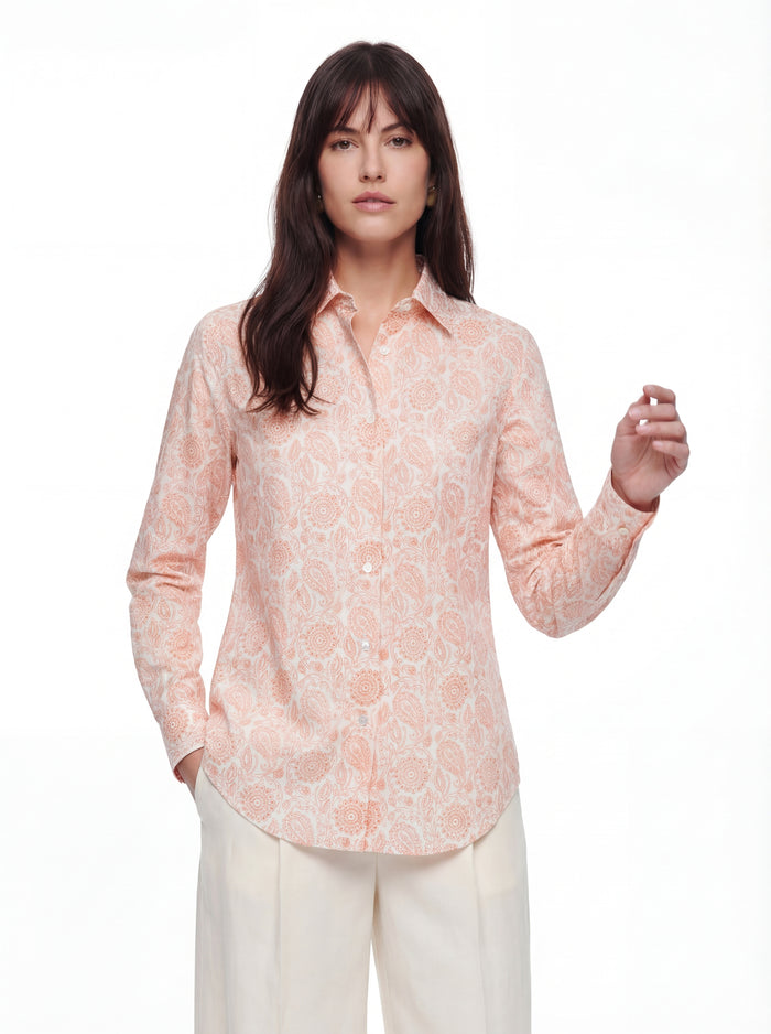 Camisa clásica cuello básico estampado naranja manga larga