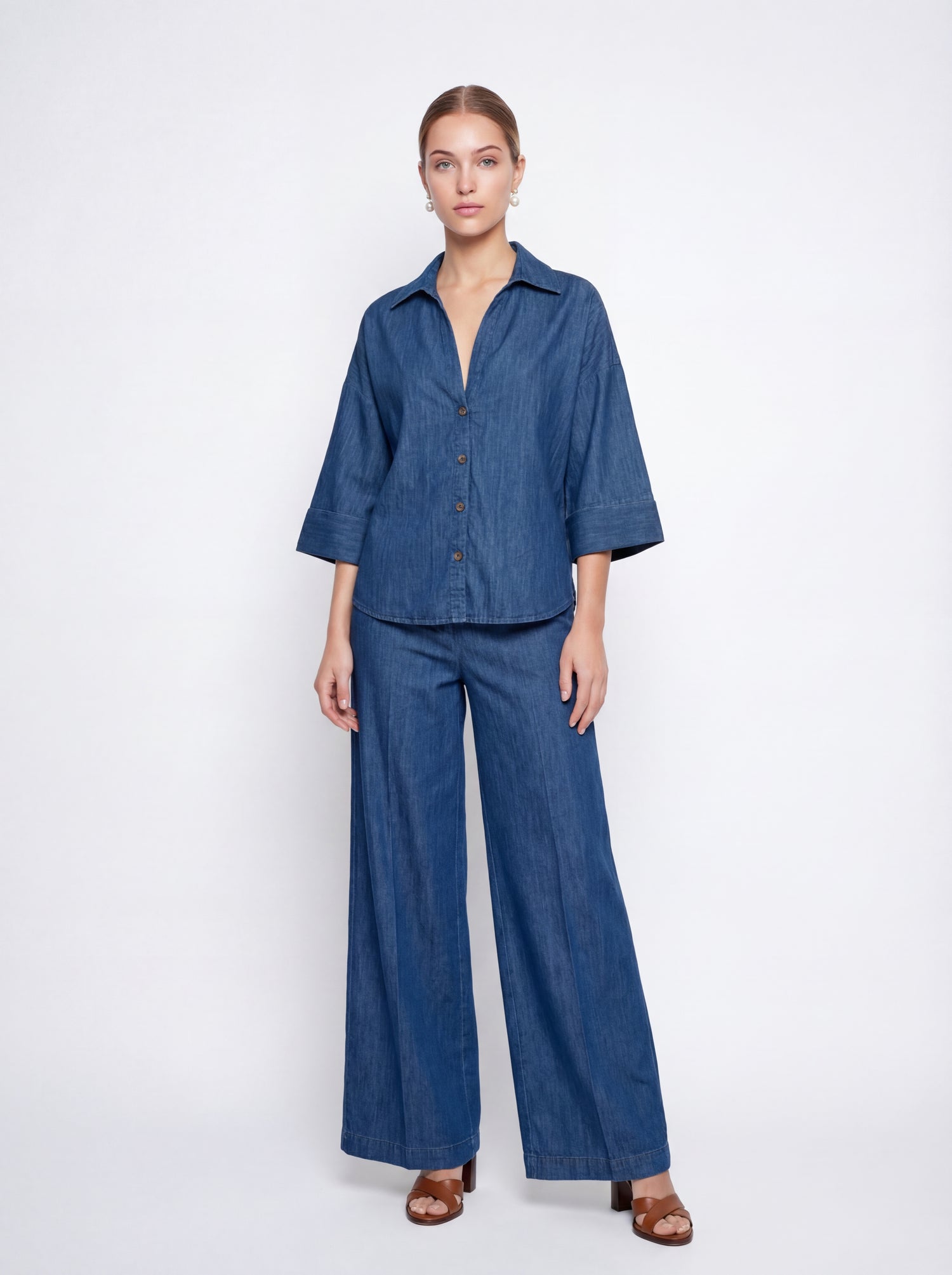 Camicia denim stone washed con manica 3/4