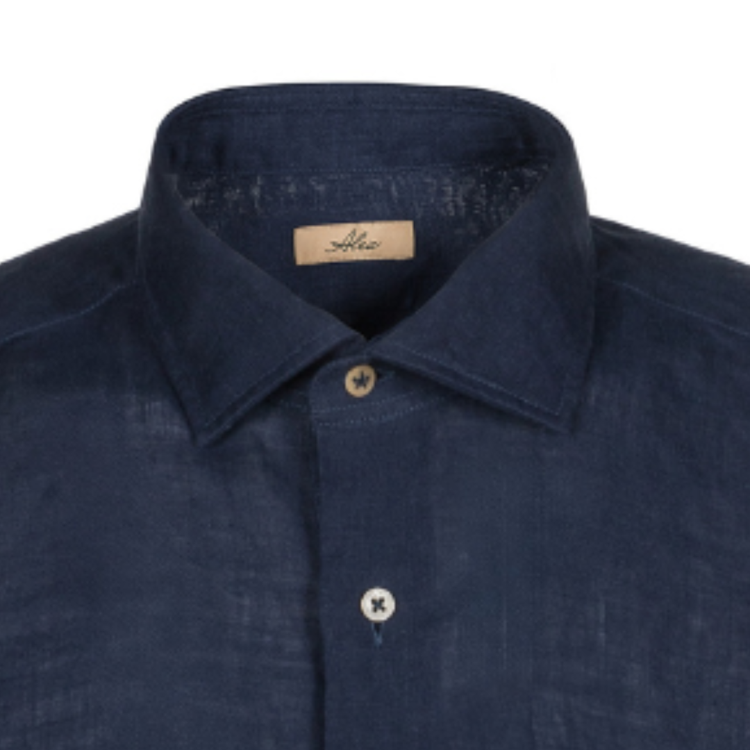 Camicia da uomo in lino tinta unita blu con collo francese