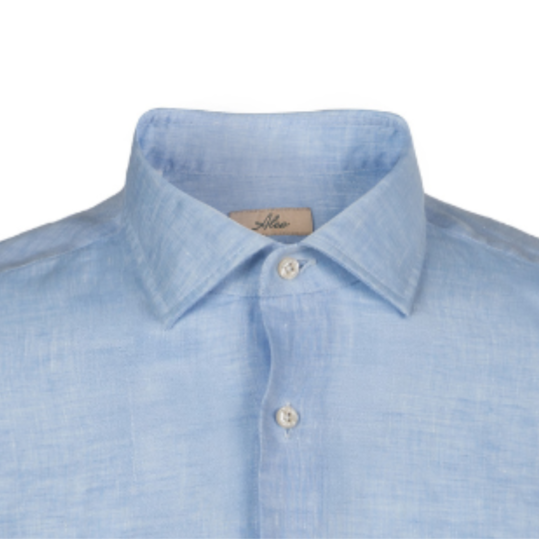 Camicia da uomo tinta unita azzurra in lino con collo francese
