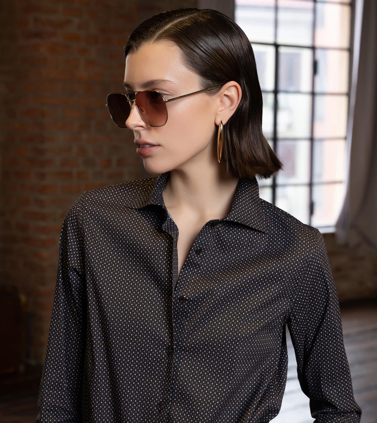 Camicia in popeline stretch stampato slim disegno effetto cravatta marrone