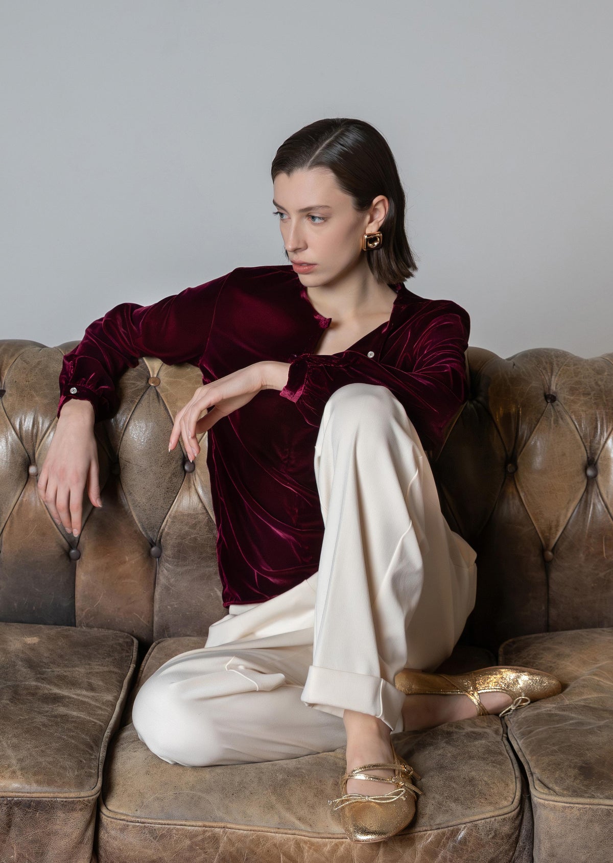Camicia in velluto liscio color vinaccia